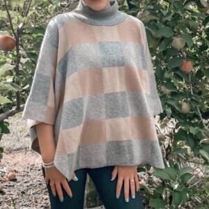 Note Di Anita Tan & Grey Checkered Wool Blend Knit Poncho Sweater One Size